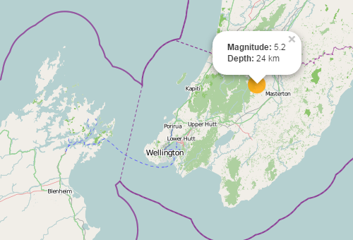 惠灵顿地区马斯特顿附近发生5.2级地震